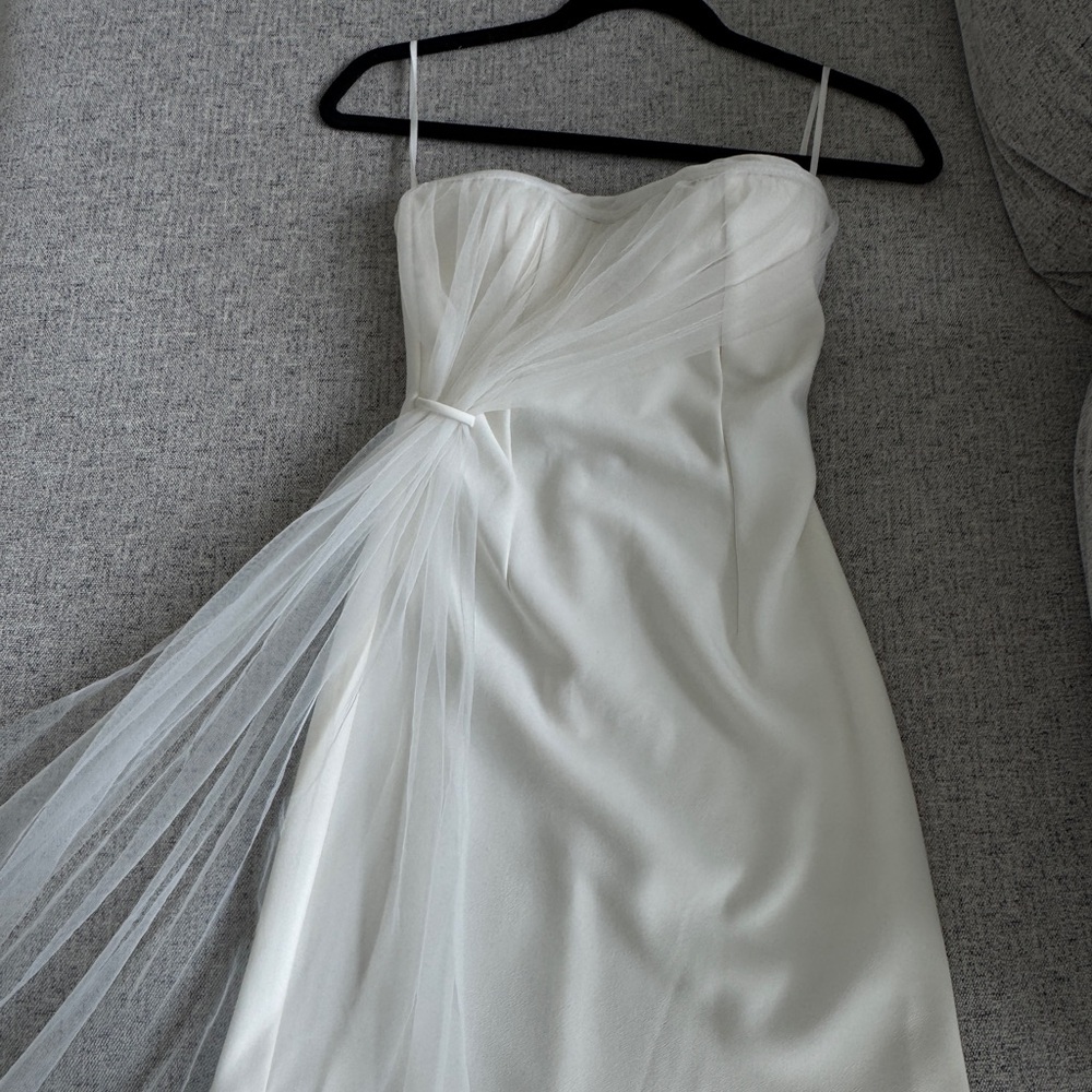 White Strapless Evening Dress with Draped Tulle Detail